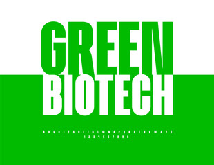 Fototapeta premium Vector artistic banner Green Biotech with Modern Font. Minimalistic style Alphabet Letters and Numbers set.