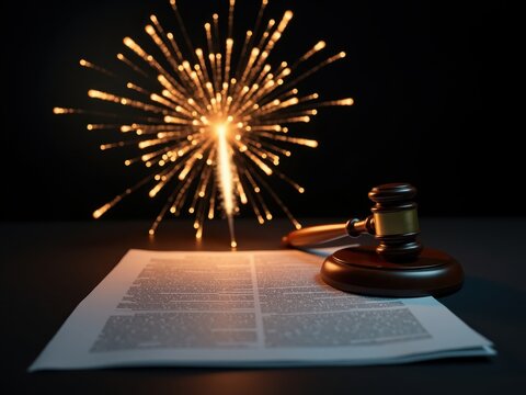 Judge gavel striking on document with sparkling fireworks in background symbolizing legal celebration