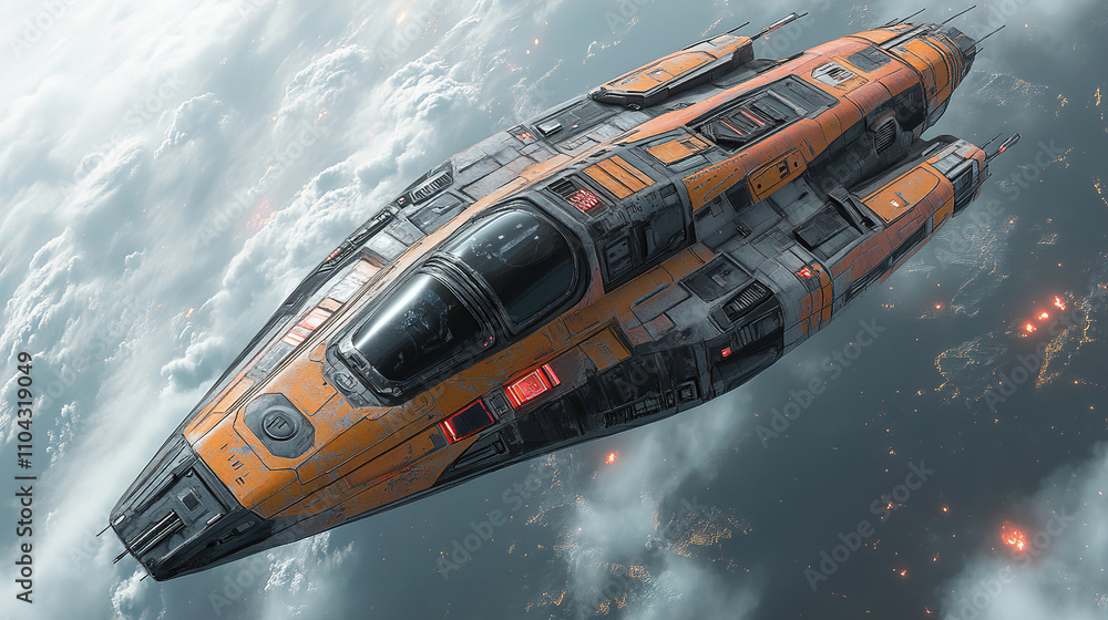 Aufkleber spacecraft soaring through clouds with vibrant orange design and intricate details during a distant 