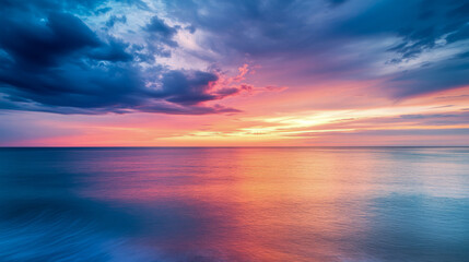 Vibrant sunset over tranquil ocean with colorful reflections and dramatic clouds