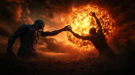 Obraz premium A dramatic portrayal of a creature reaching out to another amidst a fiery backdrop, representing the struggle between elements of nature and human emotions.