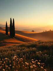 serene Tuscan dawn with cypress trees standing sentinel among rolling hills covered in soft morning mist and dew-kissed wildflowers,  peaceful scene,  wildflowers, cypress tree,  rural landscape