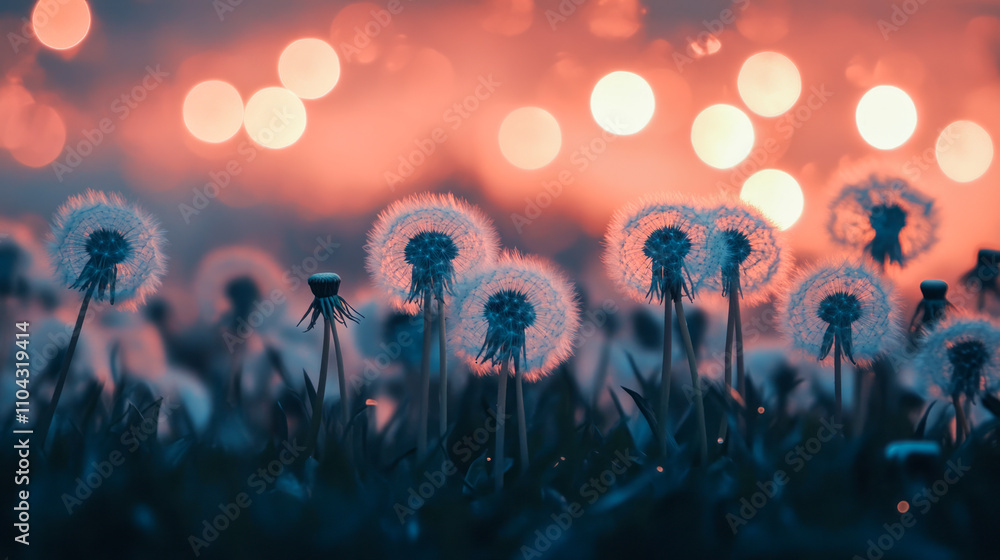 Poster dreamy dandelions at dusk with glowing bokeh lights in a tranquil field