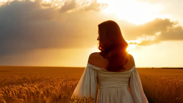 Redhead woman standing in wheat field at sunset