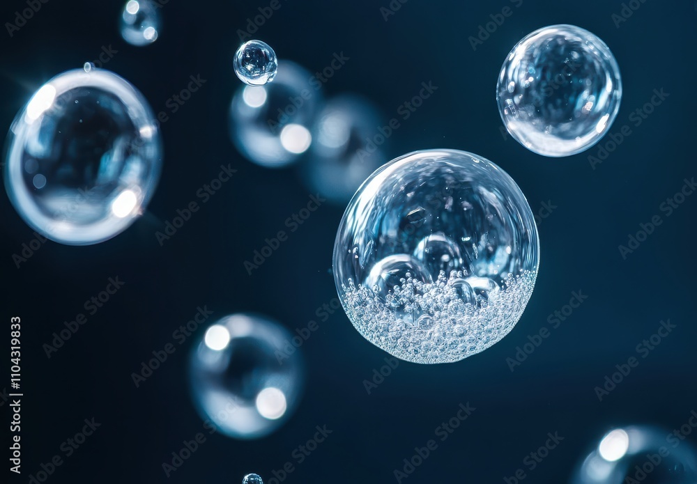 Poster beautiful close-up of floating soap bubbles with vivid round shapes and shimmering reflective surfac