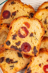 Fruit cake dessert sweet dried fruit traditional pastry, nuts meal food snack on the table copy space food background rustic top view