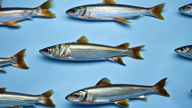 Many identical fishes swimming right on blue background