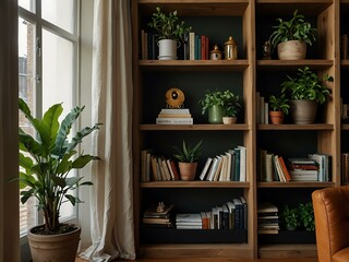 Bookshelf design with greenery and books in a cozy setting.