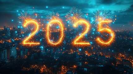 Happy New Year 2025. Burning sparkling text 2025 isolated on black background.