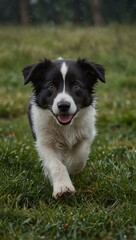 Fototapeta premium Border collie puppy walking through dew-covered grass.