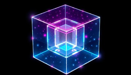 Tesseract a four-dimensional cube made of glowing crystal surfaces. The tesseract should rotate slowly, with each face reflecting neon colors cyan, pink, and violet. Surround the tesseract with light.