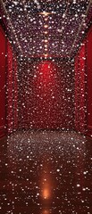 Snowy red room with flurries of falling snowflakes , snowy atmosphere, winter wonderland