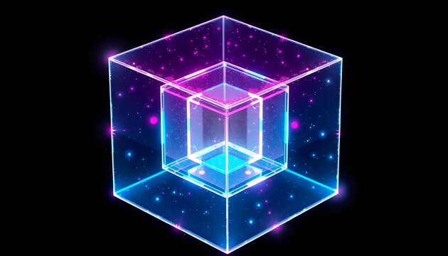 Tesseract a four-dimensional cube made of glowing crystal surfaces. The tesseract should rotate slowly, with each face reflecting neon colors cyan, pink, and violet. Surround the tesseract with light.