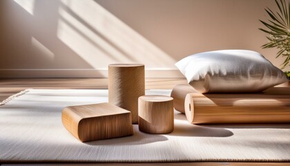 柔らかな白いコットンの布が広げられた床に、竹製ヨガブロックとリネンのピローが配置され、淡いパステルカラーの壁が背景に広がる。リラックス感が漂う心地よい空間。

