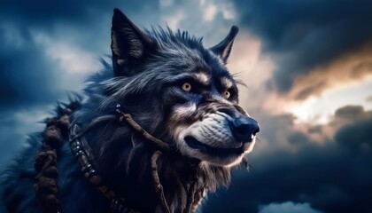 Dark-Furred Canid with Harness Against Stormy Sky
