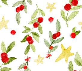 Winter branches, Christmas decor, banches with berries and leaves, watercolour paintings seamless pattern 