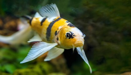 Koi Fish in Aquarium: Yellow, White, and Black Markings