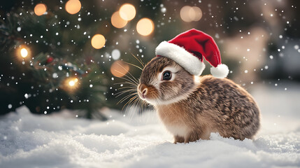 A charming rabbit wearing a Christmas hat sits in the snow near a decorated tree.