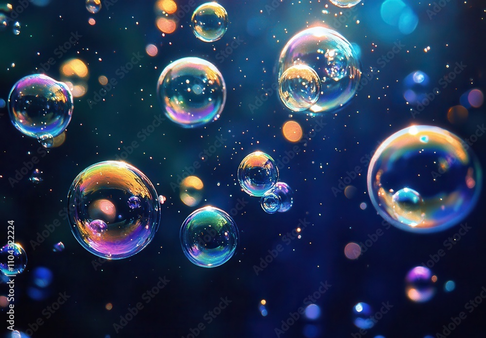 Poster captivating and vibrant soap bubbles floating gracefully in a colorful background with shimmering li