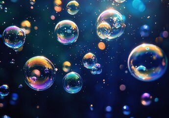 Captivating and Vibrant Soap Bubbles Floating Gracefully in a Colorful Background with Shimmering Lights and Depth of Field Effects