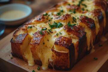 Cheesy pull-apart bread overflowing with melting goodness in a cozy kitchen