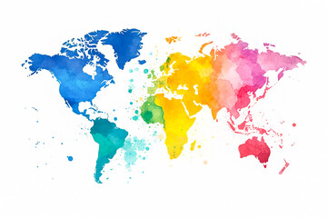 Colorful watercolor world map with vibrant splash patterns