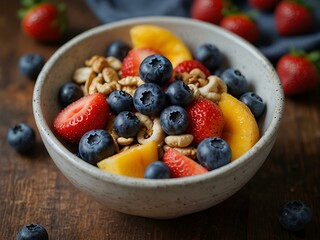 Bowl of fruit with blueberries, strawberries, and nuts.
