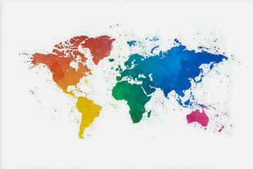 Colorful watercolor world map showing continents with gradient rainbow effect