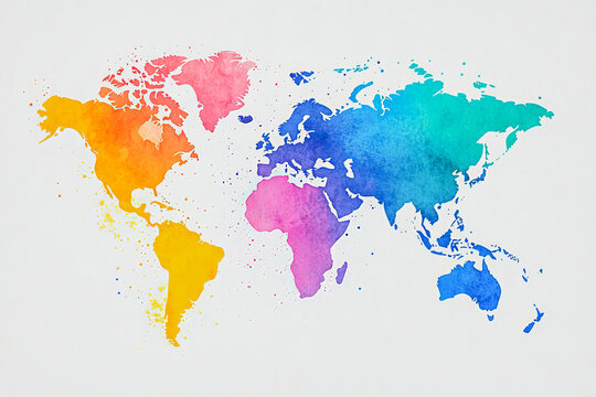 Fototapeta Vibrant watercolor world map in rainbow colors