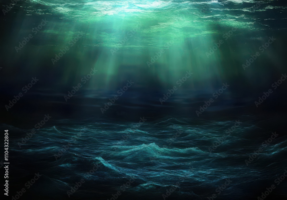 Poster captivating underwater scene with ethereal light rays filtering through calm ocean surface, ideal fo