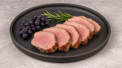 Sliced Roast Beef with Fresh Blueberries and Rosemary on Plate