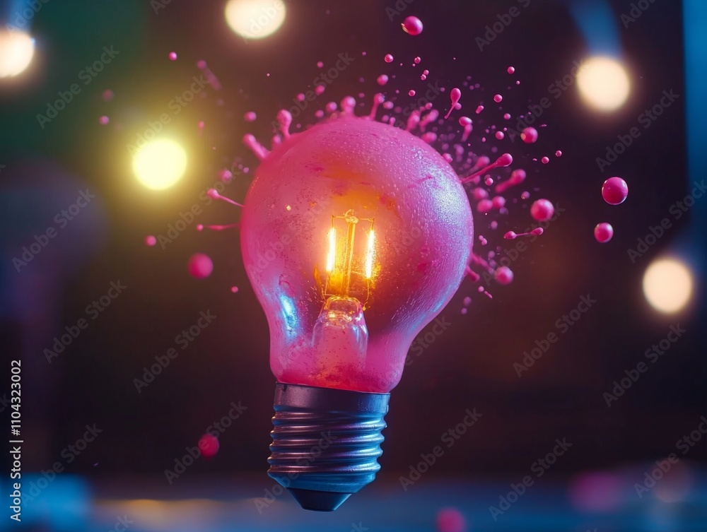 Poster This artwork features a vibrant light bulb splattered with neon paint, set against a dark backdrop. Illuminated droplets appear to hover, creating a dynamic visual effect