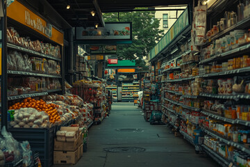 Fototapeta premium Stunning contrast of luxury grocery aisles and vibrant city market ambiance