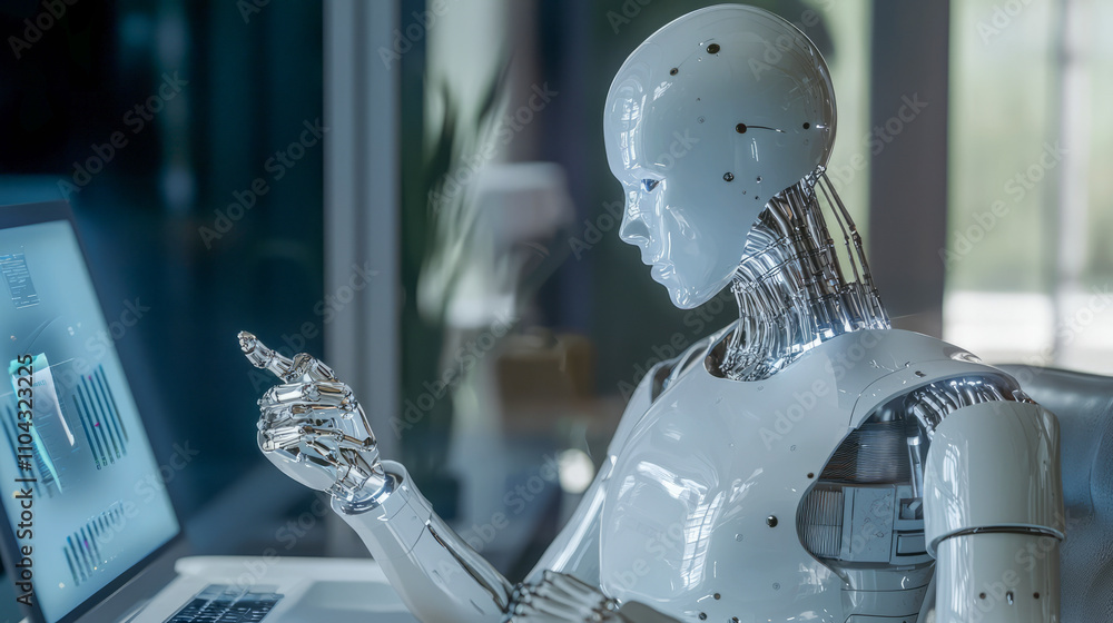 Poster humanoid robot interacting with digital display in modern office