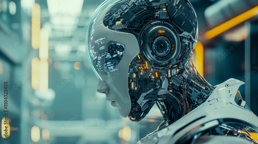 Poster futuristic humanoid robot with advanced technology in sci-fi setting