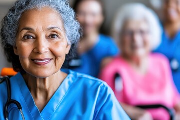 A joyful nurse is smiling warmly, surrounded by elderly patients in a care setting, highlighting the joy and emotional bonds formed in healthcare environments.