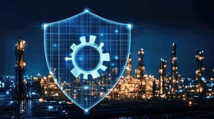 Digital Protection Shield Over Industrial Facility at Night