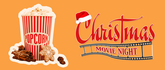 Bucket of popcorn with Christmas cookie and cinnamon on orange background