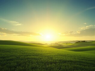 The sky is painted with hues of green as the sun sets over a rolling lawn, warm weather, scenic views, grassy terrain, outdoor illumination, serene atmosphere