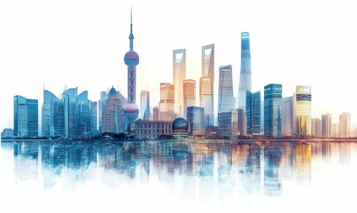 Fototapeta premium Shanghai skyline, modern architecture, water reflection.