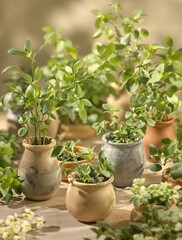 Fototapeta premium A close-up of aromatic herbs in small containers, culinary, detail, gourmet