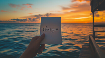Hand holding "I Love You" note with sunset background.
