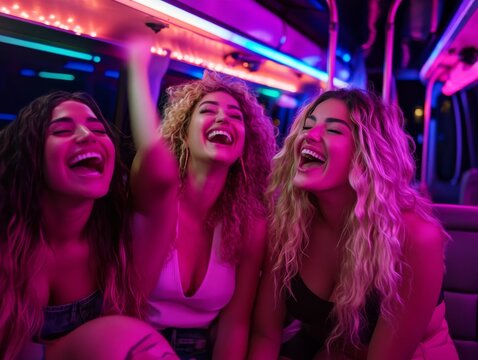 A group of joyful women laugh and cheer together on a festive party bus illuminated by vibrant neon lights, creating an energetic and celebratory vibe at night