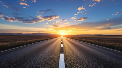 The sun sets behind an asphalt road stretching out to infinity under a vibrant blue sky , sunsetoverhighway, asphaltonthehorizon, horizonline, asphaltdrive