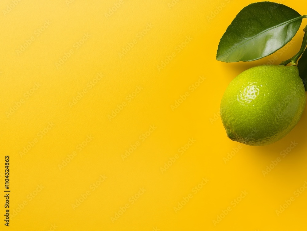 Aufkleber A fresh lime sits against a vibrant yellow background, accented by a green leaf that casts a natural shadow, creating a dynamic and colorful composition ideal for design use