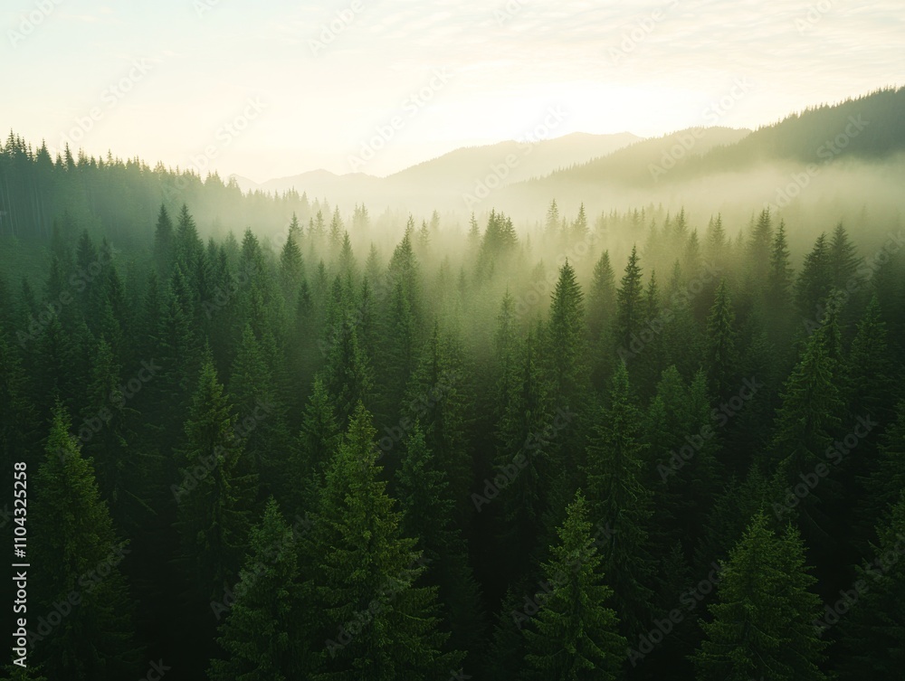 Poster the tranquil evergreen forest is blanketed in morning mist, creating a captivating, nostalgic ambian
