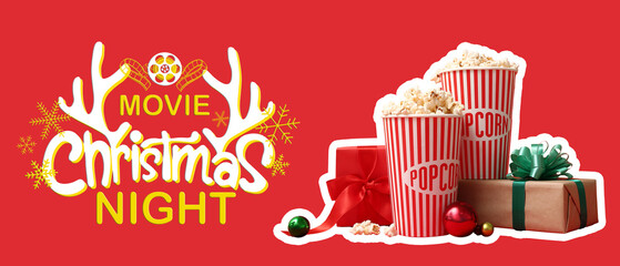 Buckets of popcorn with gifts and Christmas balls on red background