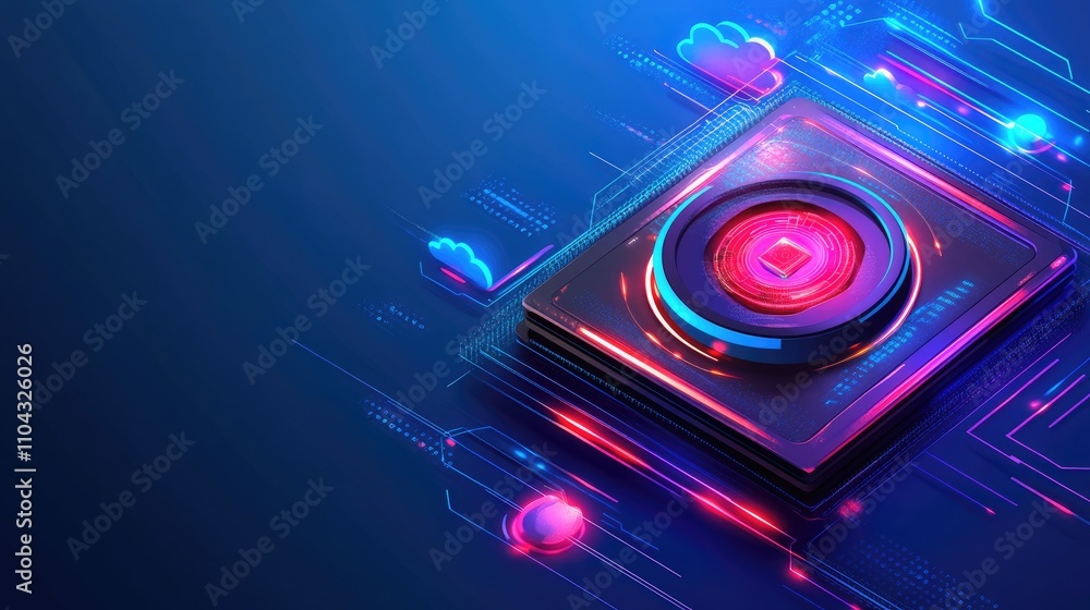 Poster futuristic digital interface with neon elements and cloud graphics