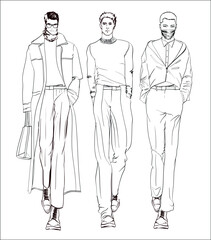 Fashion man set. Sketch of a fashion man in a jacket on a white background. Autumn man. Street style