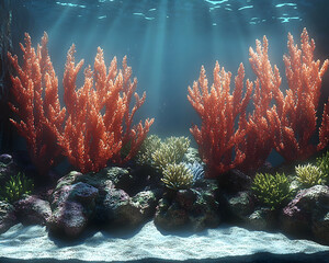 Underwater scene with vibrant coral and rocks illuminated by sunlight.
